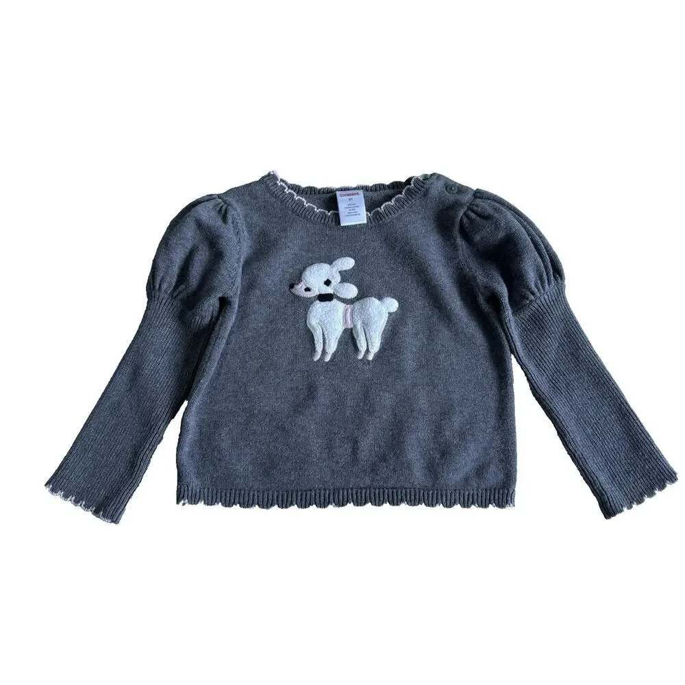 Gymboree Toddler Girl 3T Sweater Gray Poodle Dog Puff Sleeve Fuzzy Y2K Vintage